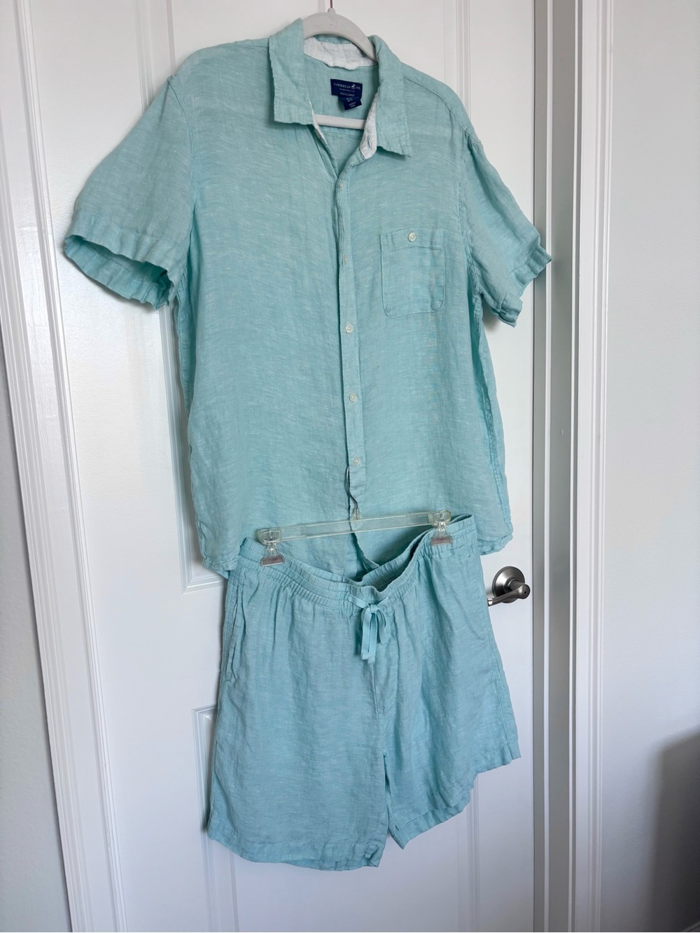 Caribbean Joe 100% Linen Button Up Set Shirt Shorts Egg Blue Resort Preppy XL